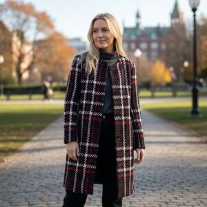 Ann Taylor Houndstooth Plaid Wool Blend Chesterfield Coat SZ S Long Tweed Boucle